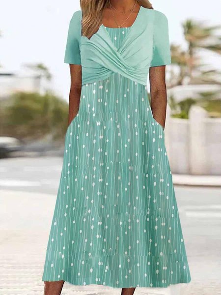 

Geometric Casual V Neck Loose Dress, Green, Dresses