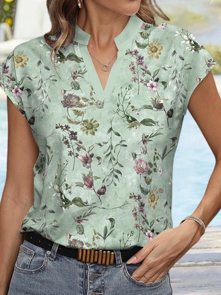 

Vacation V Neck Mint & Pink Floral Notch Neck Cap-Sleeve T-Shirt, Green, T-Shirts