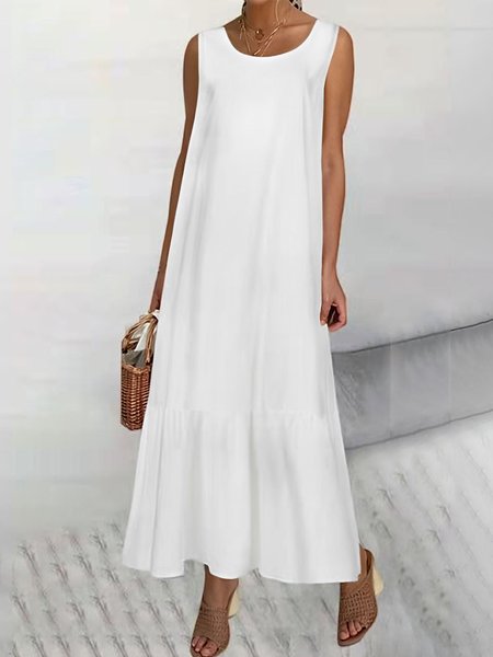 

Casual Plain Loose Crew Neck Sleeveless Dress, White, Maxi Dresses