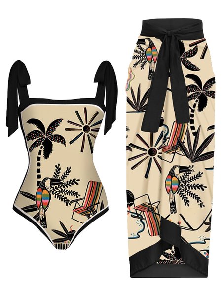 

Vacation Abstract Printing One Piece With Cover Up, Black, Coverups