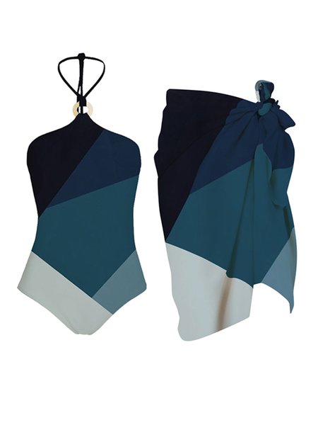

Vacation Color Block Split Joint One Piece With Cover Up, Multicolor, Coverups