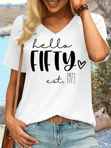 

Women's Hello 50 Fifty Years Old Gift 50th Birthday Casual Letters Crew Neck T-Shirt, White, T-shirts