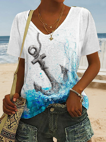 

Casual Loose Knitted Anchor T-Shirt, Blue, T-Shirts