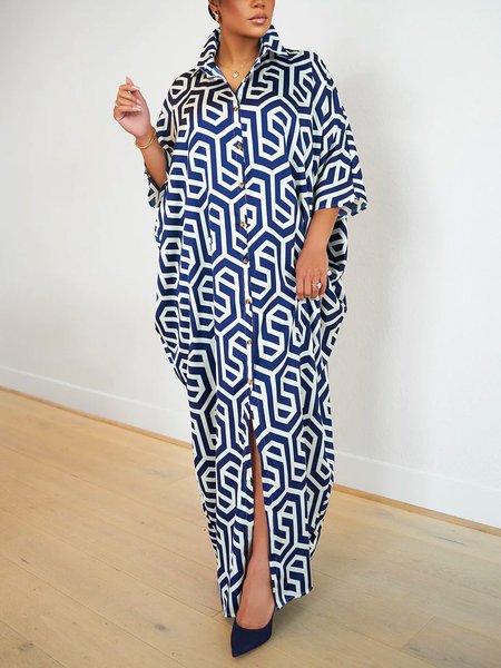 

Casual Loose Shirt Collar Abstract Graphic Maxi Dress, Blue, Maxi Dresses