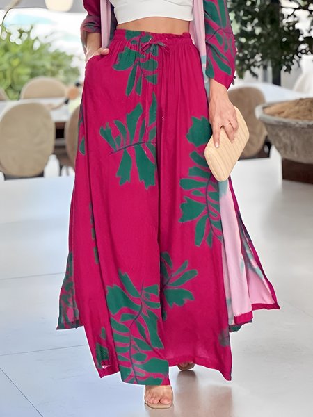 

Vacation Floral Loose Fashion Wide leg Pants, Rose red, Pants