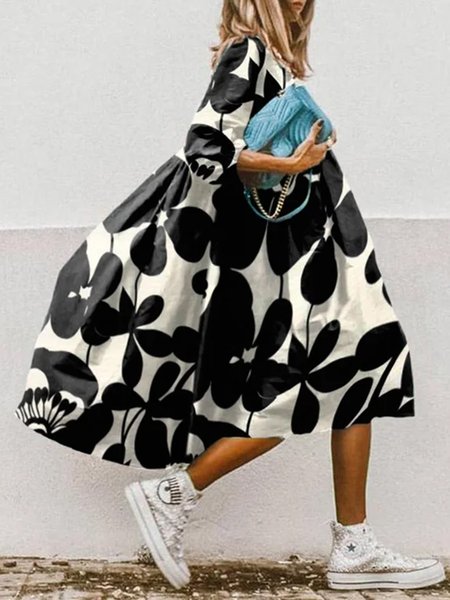 Vacation Crew Neck Floral Loose Dress, Black-white, Midi Dresses