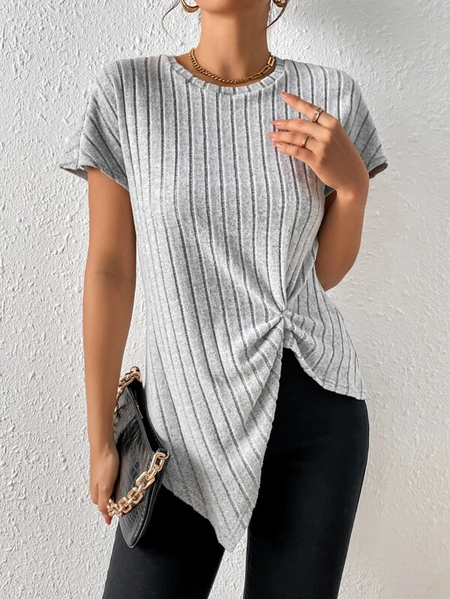 

Plain Casual Knot Front Loose T-Shirt, Gray, T-Shirts