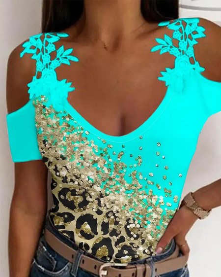 

Regular Fit Casual Lace Spaghetti Shirt, Cyan, Shirts & Blouses