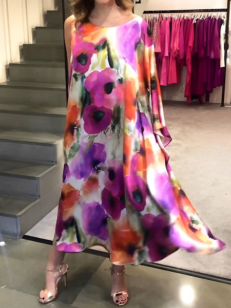 

Crew Neck Loose Vacation Floral Midi Dress, As picture, Midi Dresses
