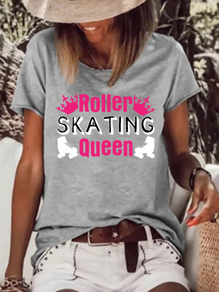 

Women’s Roller Skating Queen Text Letters Casual T-Shirt, Gray, T-shirts