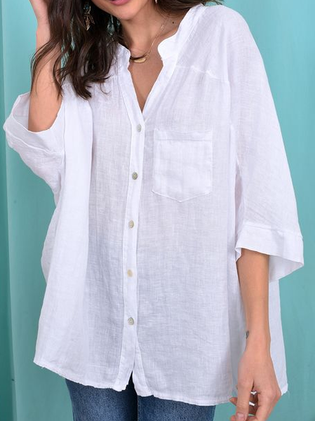 

Linen V Neck Plain Loose Blouse, White, Blouses & Shirts