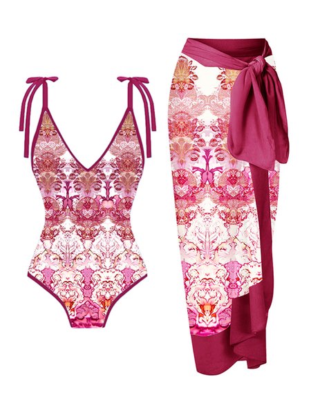 

Vacation Abstract Printing V Neck One Piece With Cover Up, Red, Coverups