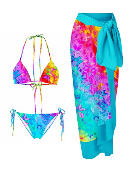 

Vacation Abstract Printing V Neck Bikini With Cover Up, Blue, Coverups
