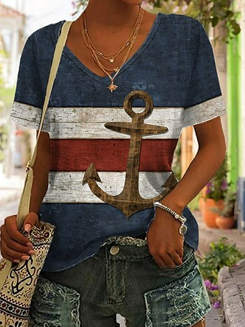 

Casual V Neck Loose Geometric T-Shirt, Blue, T-Shirts