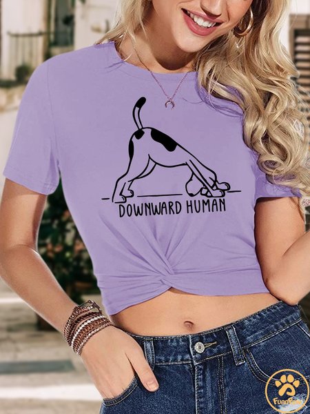 

Lilicloth X Funnpaw Women's Downward Human Crop Top Short Sleeve Twist Front Tee T-Shirt, Purple, T-shirts