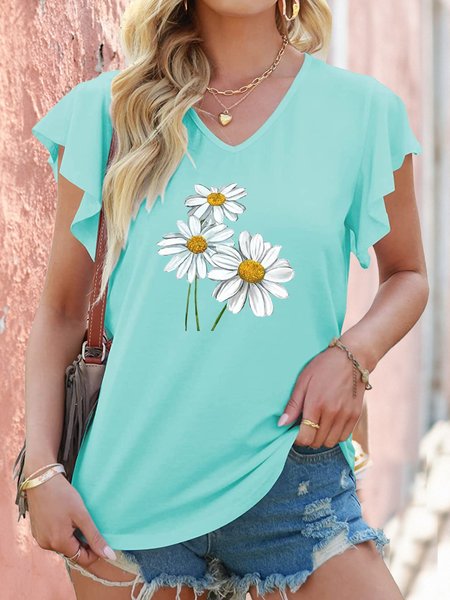 

Women's Flower Print V Neck Casual T-Shirt, Cyan, T-shirts
