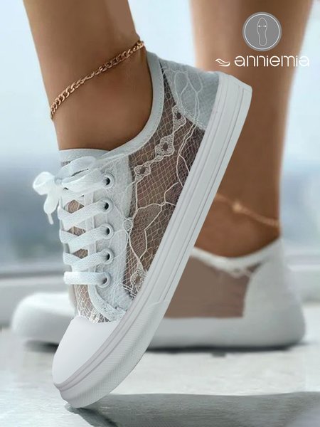 

White Wedding Lace Stitching Lace Up Flats, Sneakers