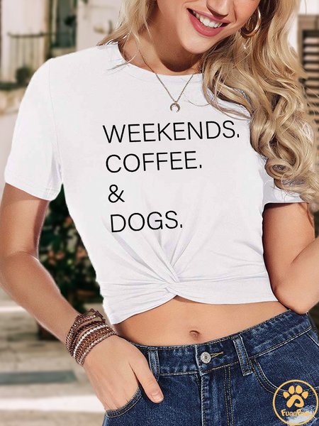 

Lilicloth X Funnpaw Women's Weekends Coffee And Dogs Crop Top Short Sleeve Twist Front Tee T-Shirt, White, T-shirts