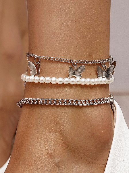 

Vacation Pearl Beaded Butterfly Layered Anklet Casual Beach Women's Jewelry, Silver, Anklets