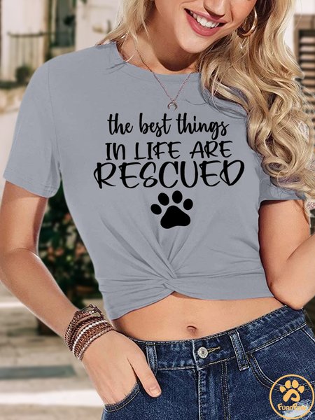 

Lilicloth X Funnpaw Women's The Best Things In Life Are Rescued Crop Top Short Sleeve Twist Front Tee T-Shirt, Gray, T-shirts