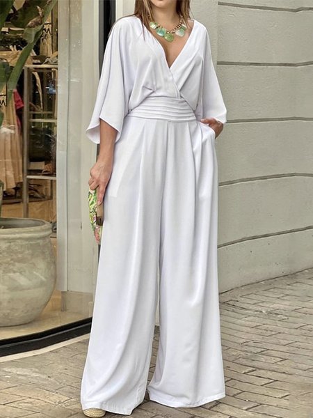 

V Neck Plain Regular Fit Vacation Jumpsuit, White, Jumpsuits