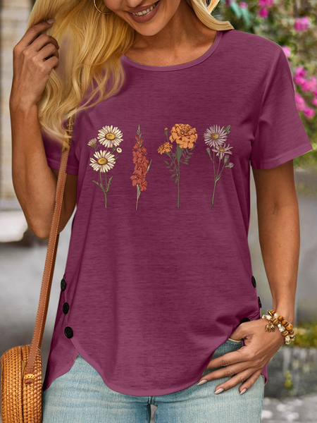 

Women's Wild Flower Mom Gift Grandma Mother's Day Gift Casual T-Shirt, Wine red, T-shirts