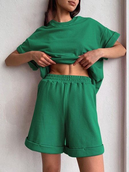 

Crew Neck Plain Casual Two-Piece Set, Green, Two-piece Set