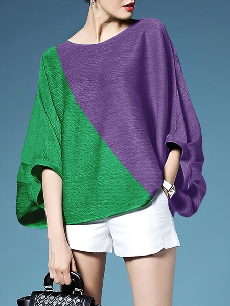 

Urban Crew Neck Color Block Loose Shirt, As picture, Blouses and Shirts