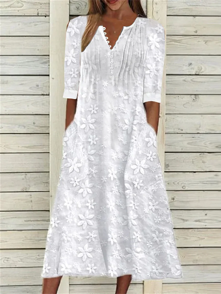 

Half Open Collar Loose Linen Dress, White, Dresses