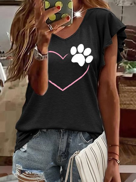 

Women's Cute Love Dog Paw Print Funny Dog Animal Lovers V Neck Casual T-Shirt, Black, T-shirts