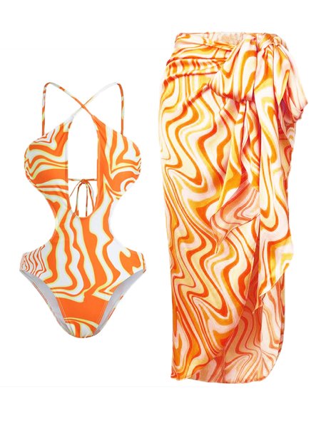 

Vacation Abstract Printing V Neck One Piece With Cover Up, Orange, Coverups