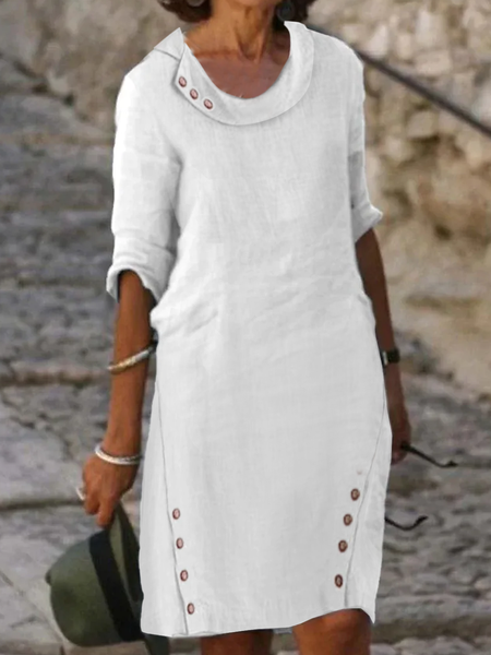 

Cotton And Linen Buttoned Linen Dress, White, Dresses