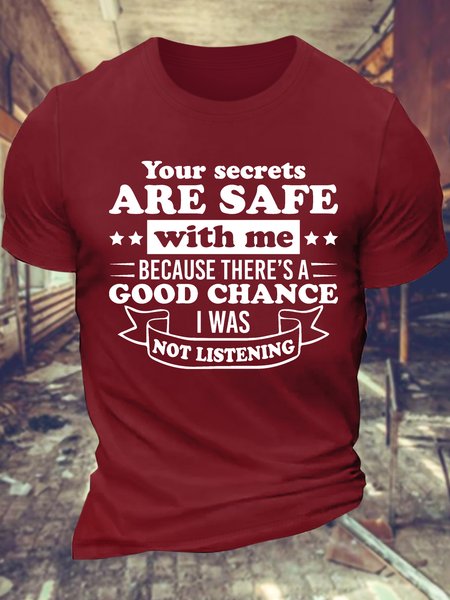 

Men’s Your Secrets Are Safe With Me Because There’s A Good Chance I Was Not Listening Crew Neck Text Letters Cotton Casual T-Shirt, Red, T-shirts