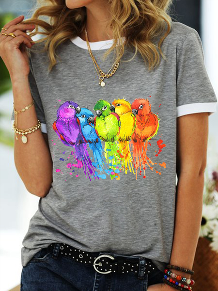 

Women's Bird Crew Neck Cotton-Blend Regular Fit Simple T-Shirt, Gray, T-shirts