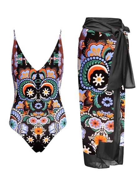 

Vacation Abstract Printing V Neck One Piece With Cover Up, Black, Coverups