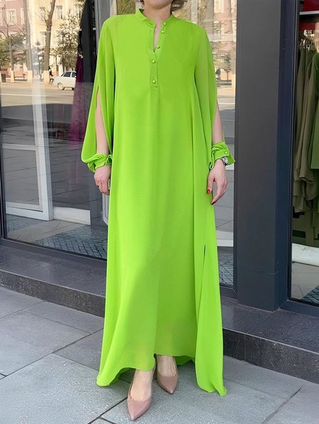 

Elegant Loose Plain Stand Collar Split Sleeves Dress, Green, Maxi Dresses