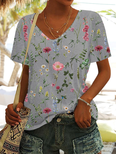 

V Neck Floral Vacation T-Shirt, Gray, T-Shirts