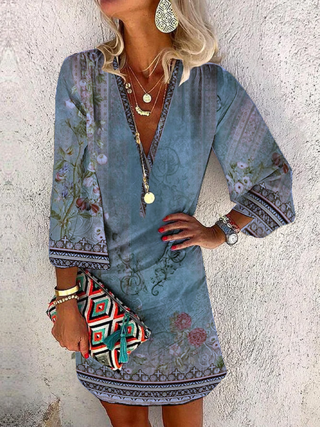 

Floral Boho V Neck Loose Dress, Purple, Dresses