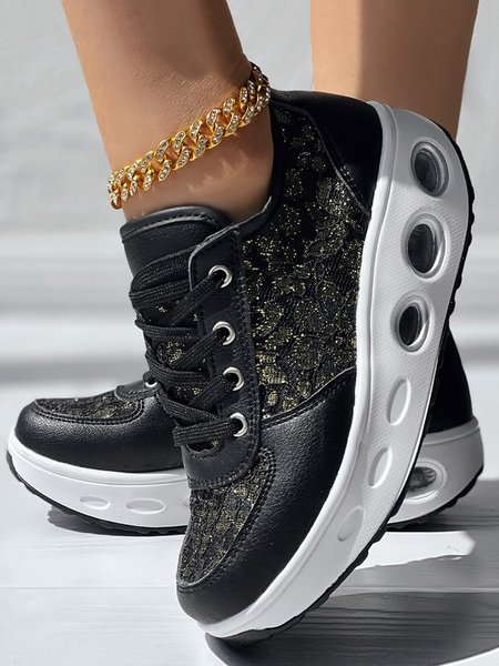 

Floral Embroidery Breathable Lace Patched Muffin Sneakers, Black, Sneakers