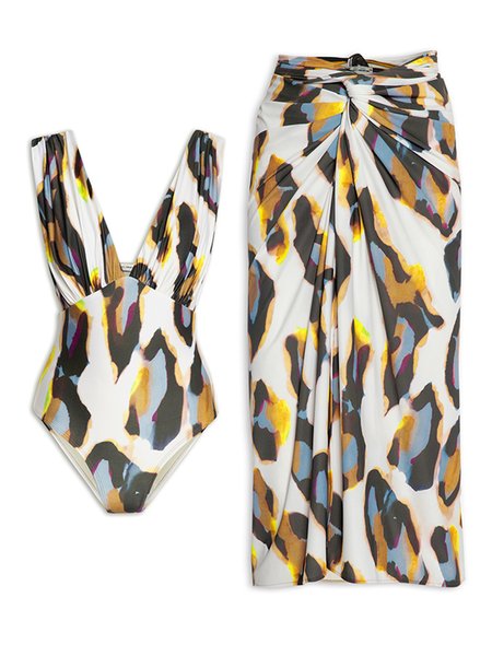 

Vacation Animal Printing V Neck One Piece With Cover Up, Leopard, Coverups