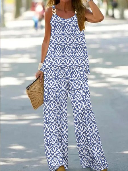 

Plus Size Ethnic Crew Neck Elegant Two-Piece Set, Blue, Suit Set