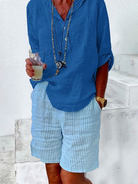 

Loose Shirt Collar Cotton And Linen Linen Shirt, Blue, Shirts & Blouses