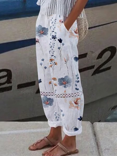 

Plus Size Casual Lace Loose Floral Pants, White, Pants