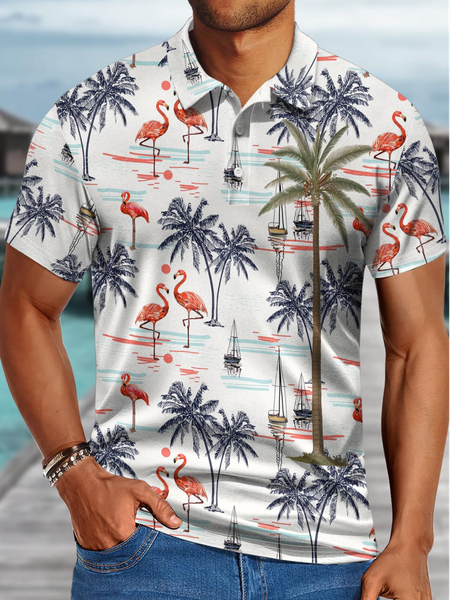 

Men's Coconut Tree Flamingo Print Vacation Polo Collar Polo Shirt, As picture, T-shirts