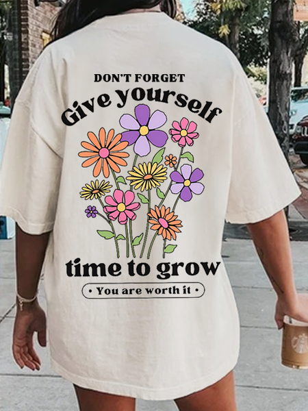 

Women's Self Love Self Care Wildflower Give Yourself Time Casual Crew Neck Loose Floral T-Shirt, Apricot, T-shirts