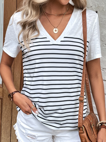 

Loose Casual Striped T-Shirt, Black-white, Tops