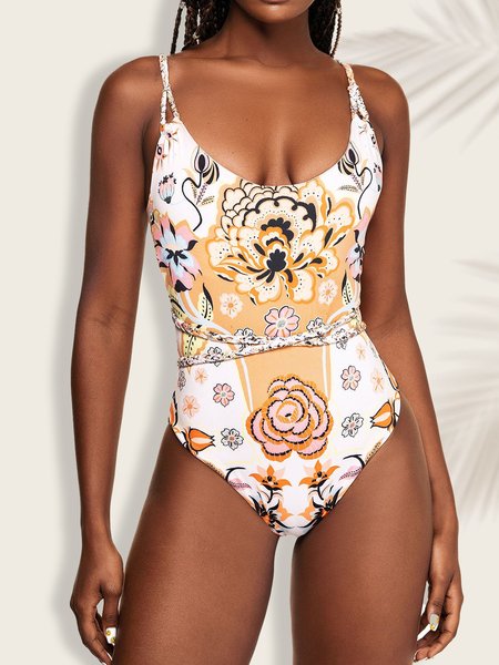 

Vacation Abstract Printing Scoop Neck One-Piece Swimsuit, Multicolor, One-Pieces