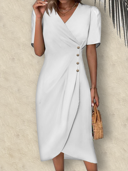 

Women Elegant V Neck Buttoned Wrap Hem Button Short Sleeve Vacation Dress, White, Midi Dresses