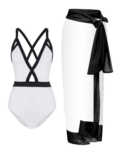 

Vacation Color Block Split Joint V Neck One Piece With Cover Up, Black-white, Coverups