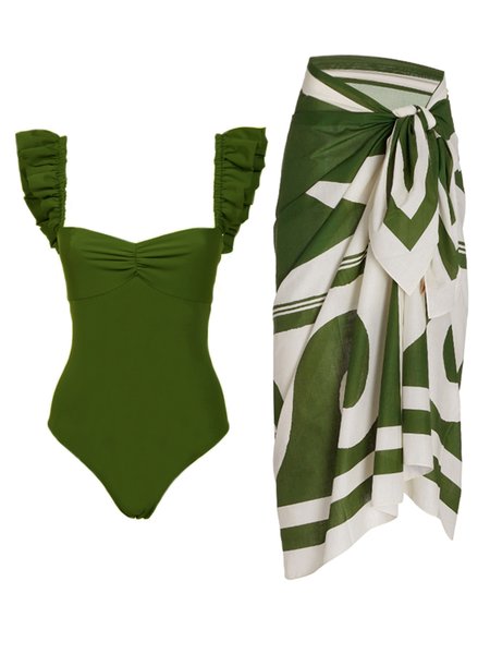 

Vacation Abstract Printing Notched One Piece With Cover Up, Green, Coverups